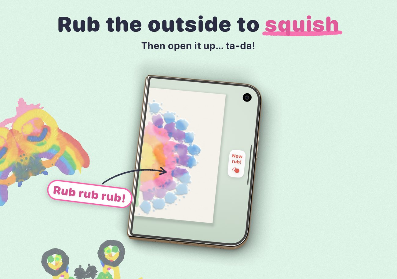 A closed iPhone Duo, with the squished painting showing through the paper on its outside screen.