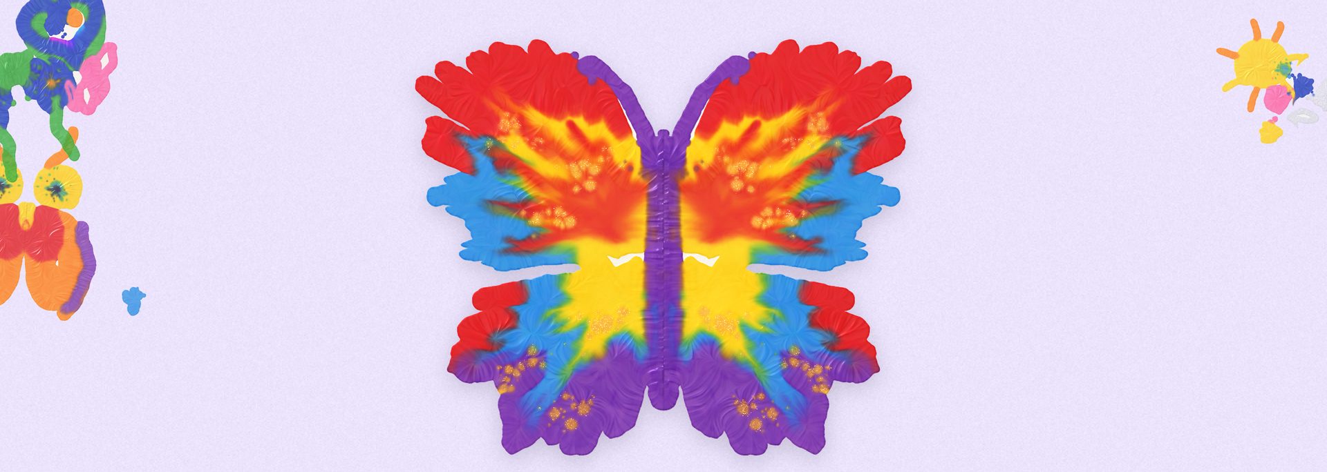 A bright butterfly print made in Fold & Squish, with the words Paint. Fold. Squish!