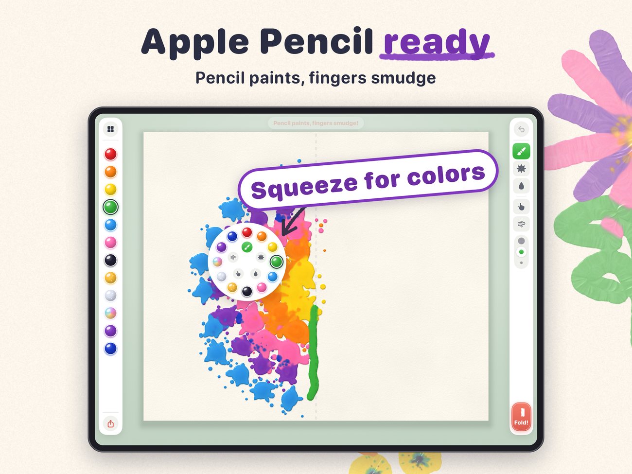Fold & Squish on iPad: painting with Apple Pencil and picking colors from the palette.