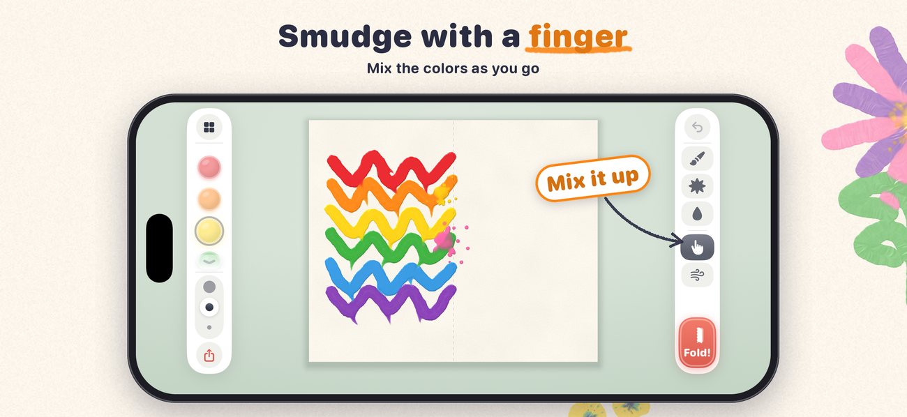 Fold & Squish on iPhone: rainbow zigzags being smudged with a finger.