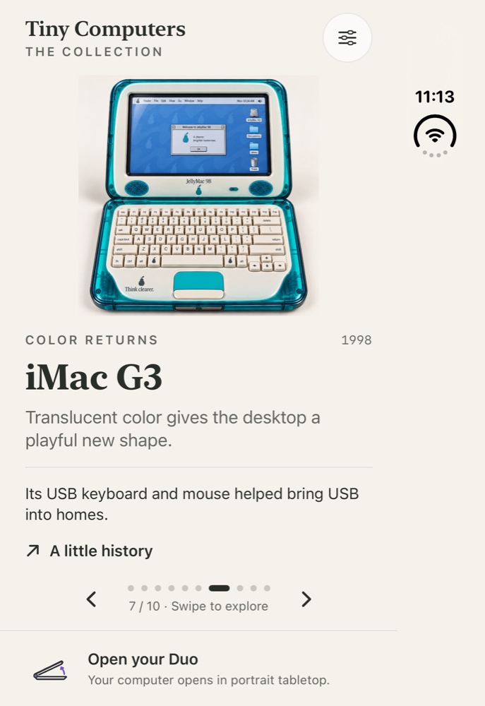 The actual Tiny Computers selection screen with an iMac G3 card, swipe controls, and an instruction to open the Duo.
